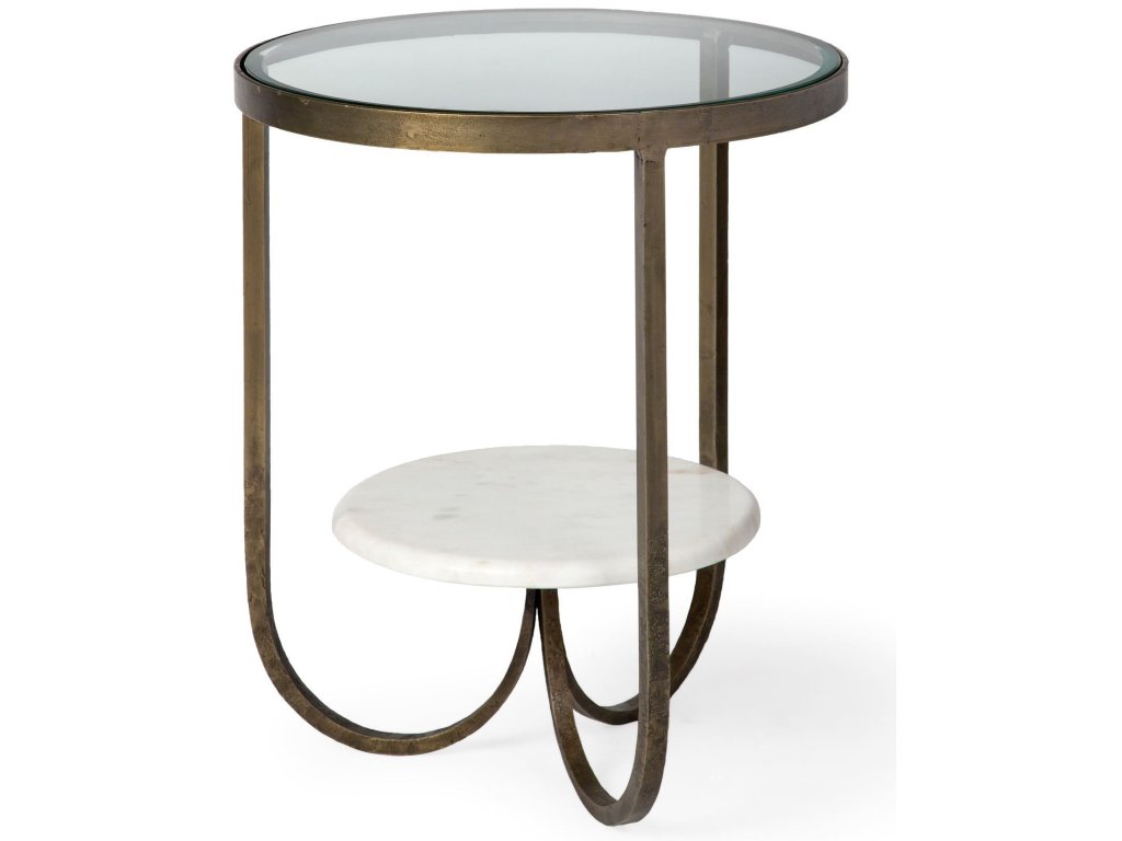 II 20" Round Glass Top Metal and Marble Detail End/Side Table