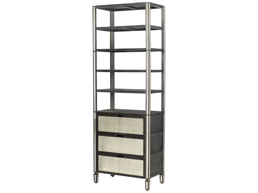 32L x 18W x 90H Dark Brown Solid Wood and Mirrored Glass Four Shelf Shelving Unit