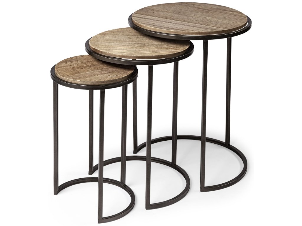 (Set of 3) 20L x 20W Brown Wood Round Top w/Metal Nesting Accent Tables