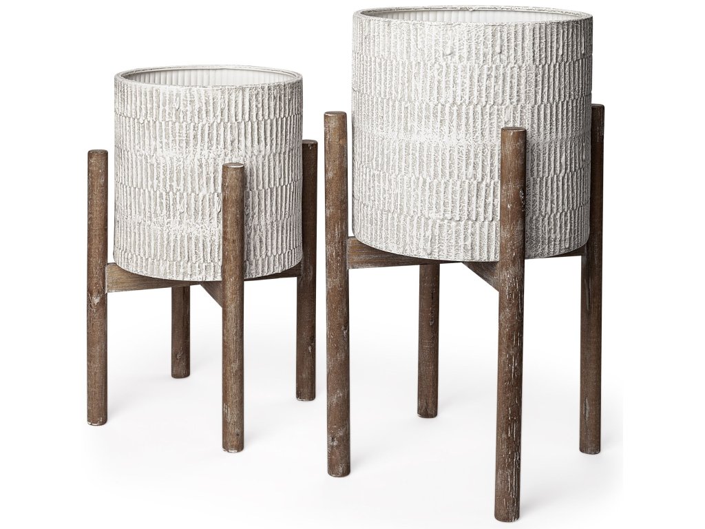 Set of 2 11.8 x 23 Eggshell Ceramic Wooden Base Plant Stands