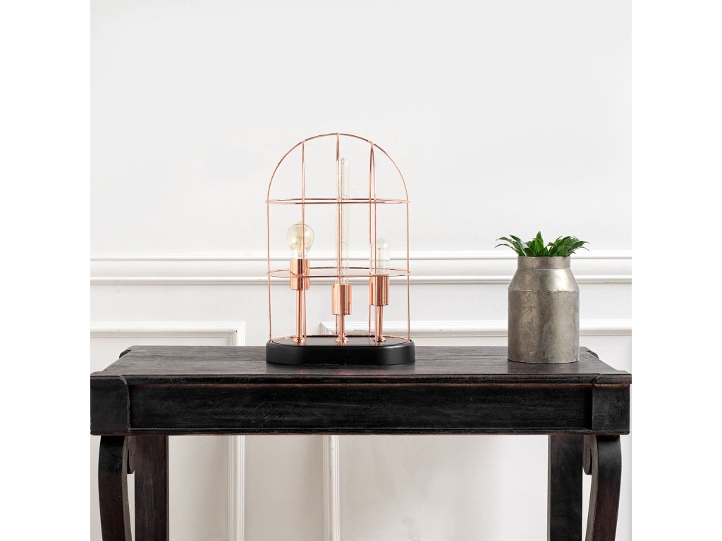 (19.3"H) Rose-Gold Metal Cylindrical Cage Three Bulb Table Lamp - Alternative View