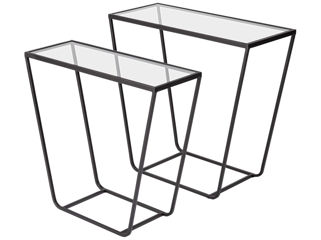 (Set of 2) 24L x 10W Black Rectangular Glass Top Iron Frame Accent Table
