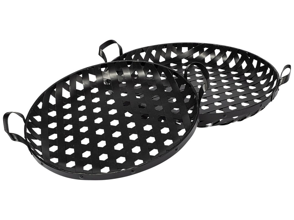 (Set of 2) Black Woven Metal Round Serving Trays