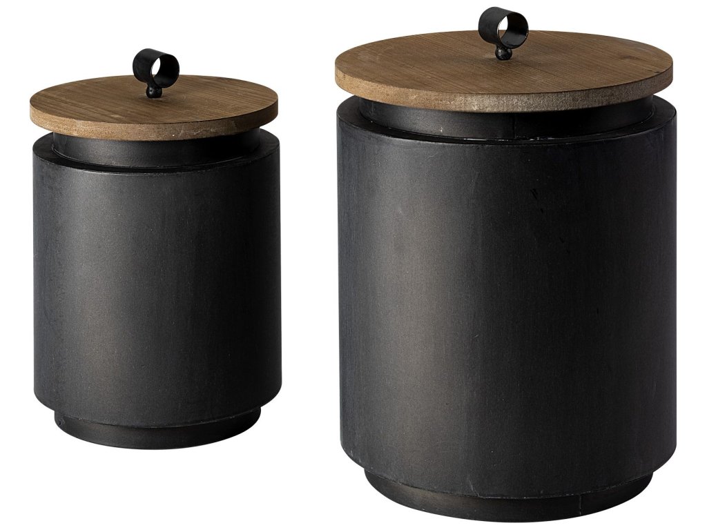(Set of 2) Gray Metal w/ Brown Wood Lids Jars