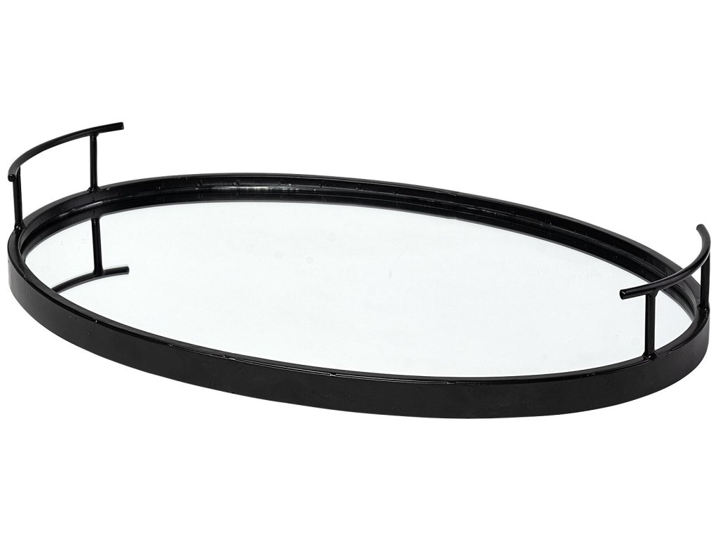 20L x 14W Black Metal Mirrored Bottom Oval Serving Tray