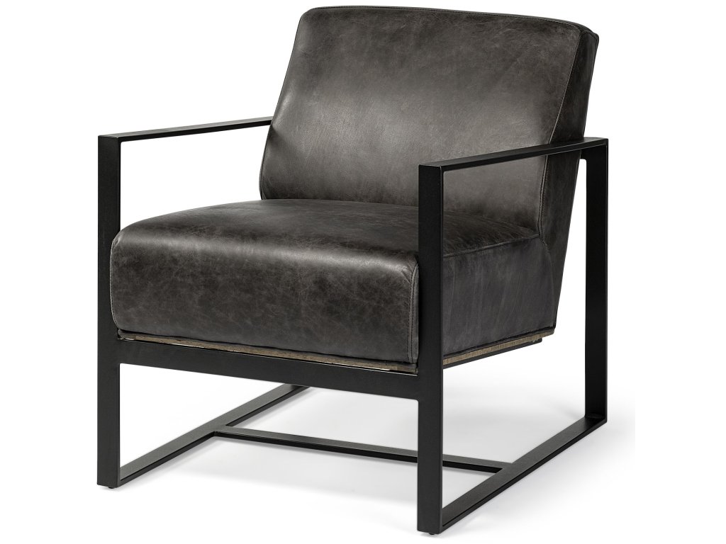 Black Genuine Leather Seat w/ Wood Back, Metal Frame Accent Chair