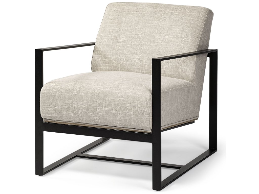 Light Beige Upholstered Seat w/ Wood Back, Metal Frame Accent Chair