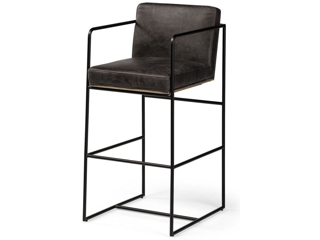 40" Total Height Black Leather Seat w/ Wood Back, Metal Frame Bar Stool
