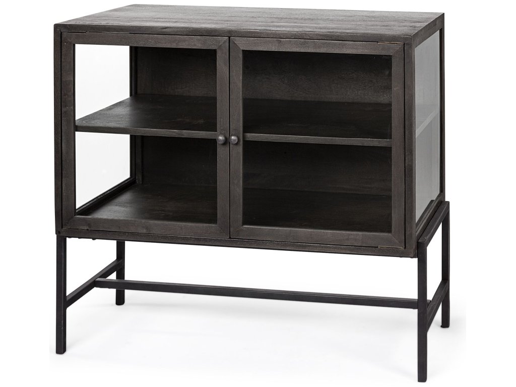 36L x 18W Black-Brown Wood, Black Metal Base w/ 2 Glass Doors Accent Cabinet