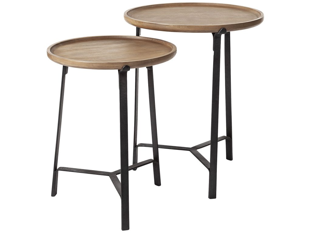 III 20L x 24H Set of 2 Round Brown Solid Wood Iron Base Nesting End/Side Tables