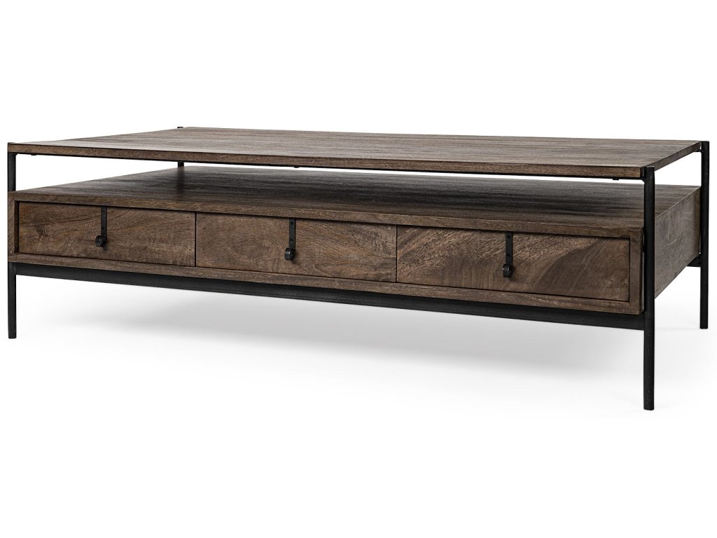 II 54X30 Dark Brown Wood w/ Black Iron Frame, Rectangle 3 Drawers Coffee Table