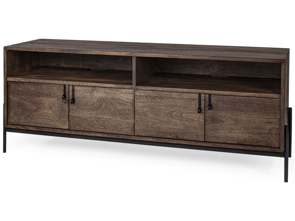 IV Dark Brown Wood w/ Black Iron Frame Media Console w/ Storage, Tv Stand For Tv Up To 71"