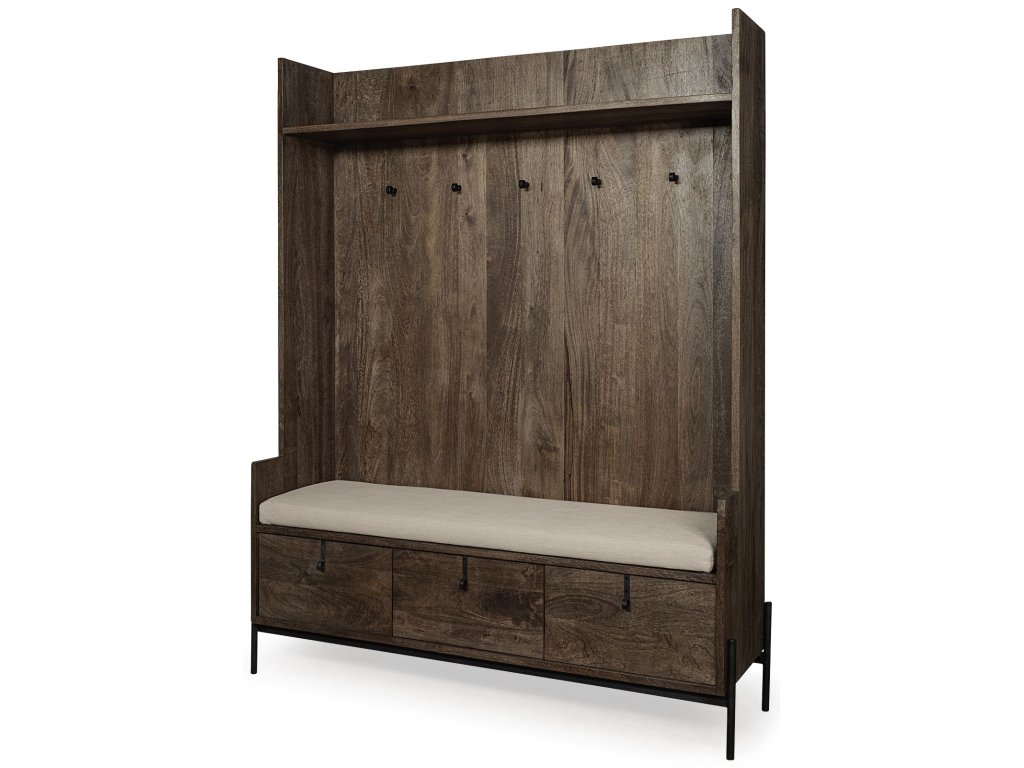 V 56L x 17W Dark Brown Wood w/ Cream Fabric Seat, 3 Drawers Hall Tree