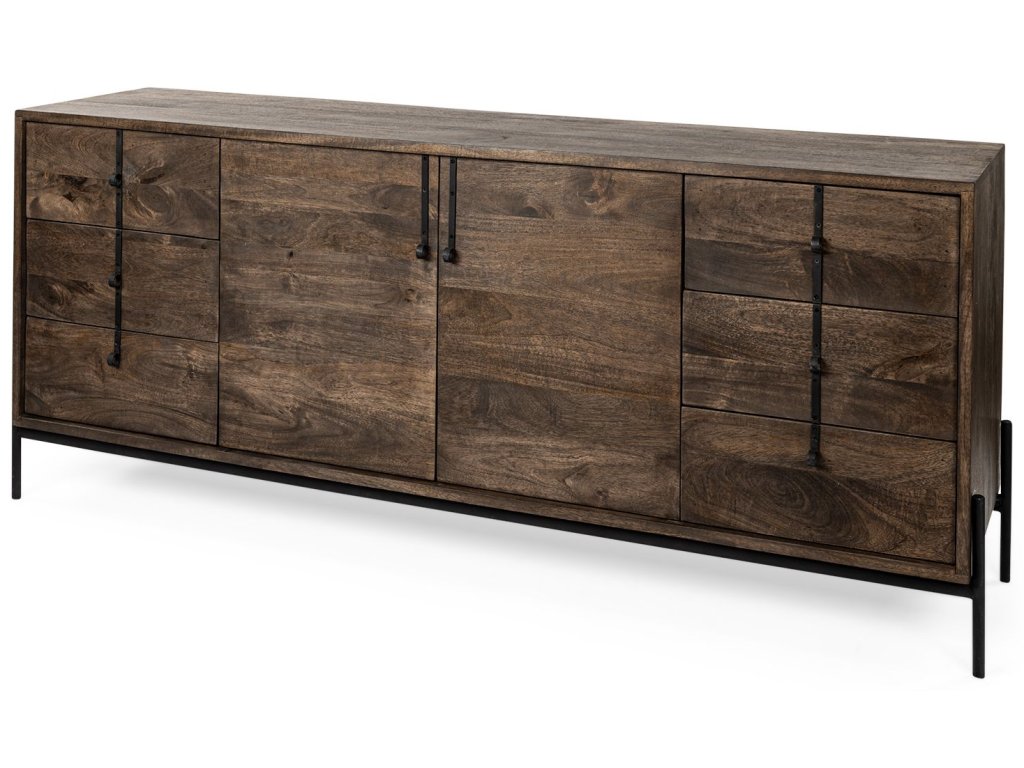 VI 71.5X18 Dark Brown Wood Frame w/ Black Iron Accent, 6 Drawer, 2 Door Cabinet Sideboard