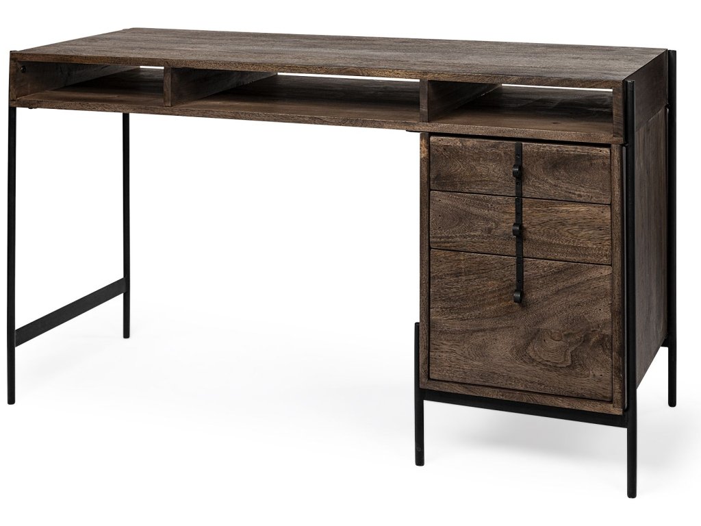 VII 56L x 22W Dark Brown Wood w/ Black Iron Frame, 3 Drawer Office Desk