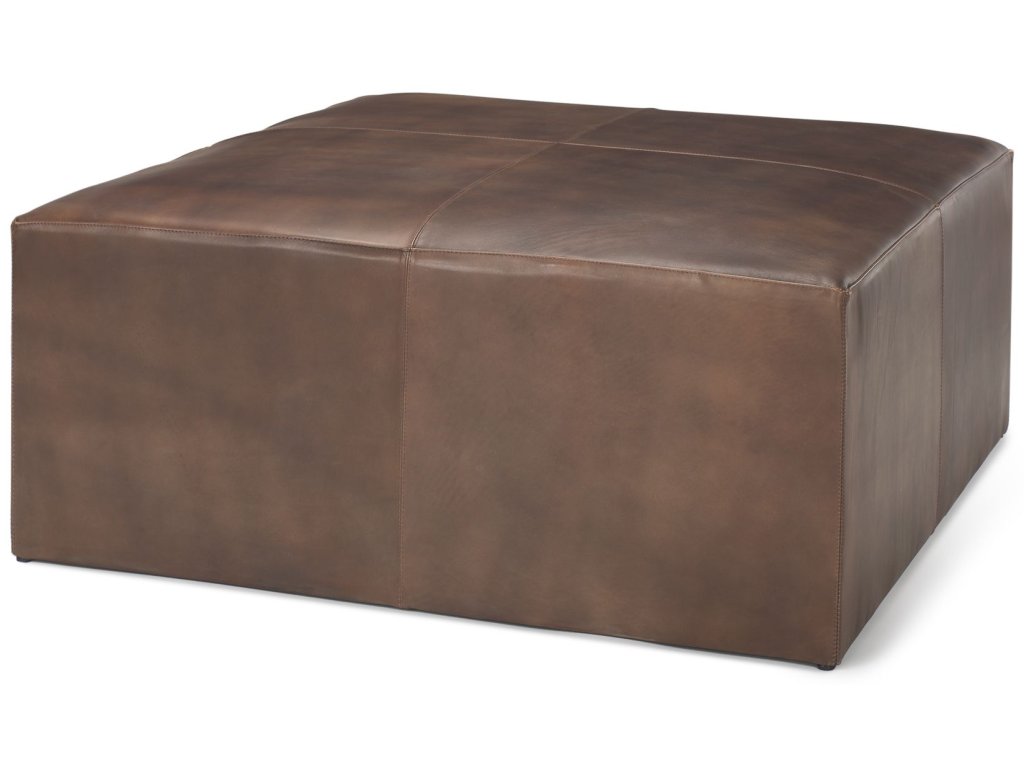 36" Square Brown Leather Wrapped w/Wood Base Ottoman