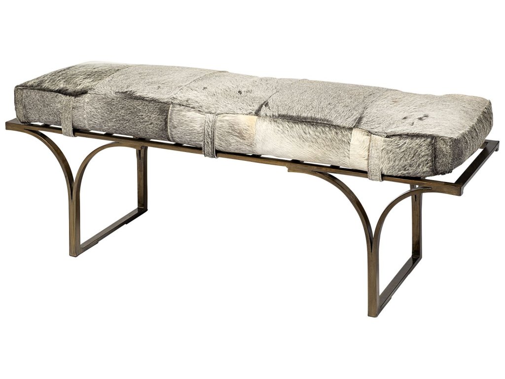 55L x 16W White/Gray Hair-On-Hide Seat w/Gold Metal Base Accent Bench