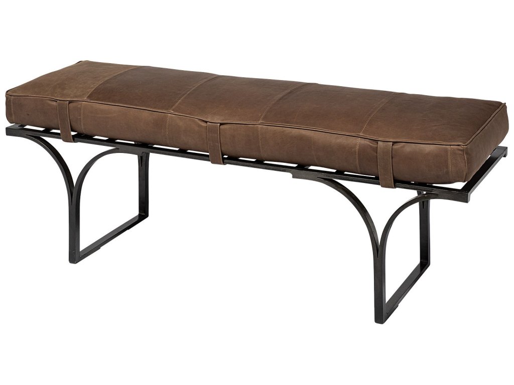 55L x 16W Brown Leather Seat w/Black Metal Base Accent Bench