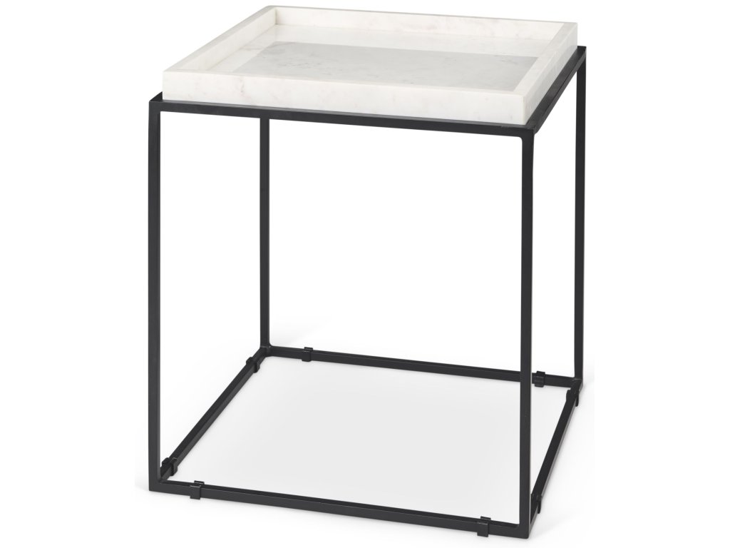 II 18" x 20" Square Top White Marble and Black Metal End/Side Table