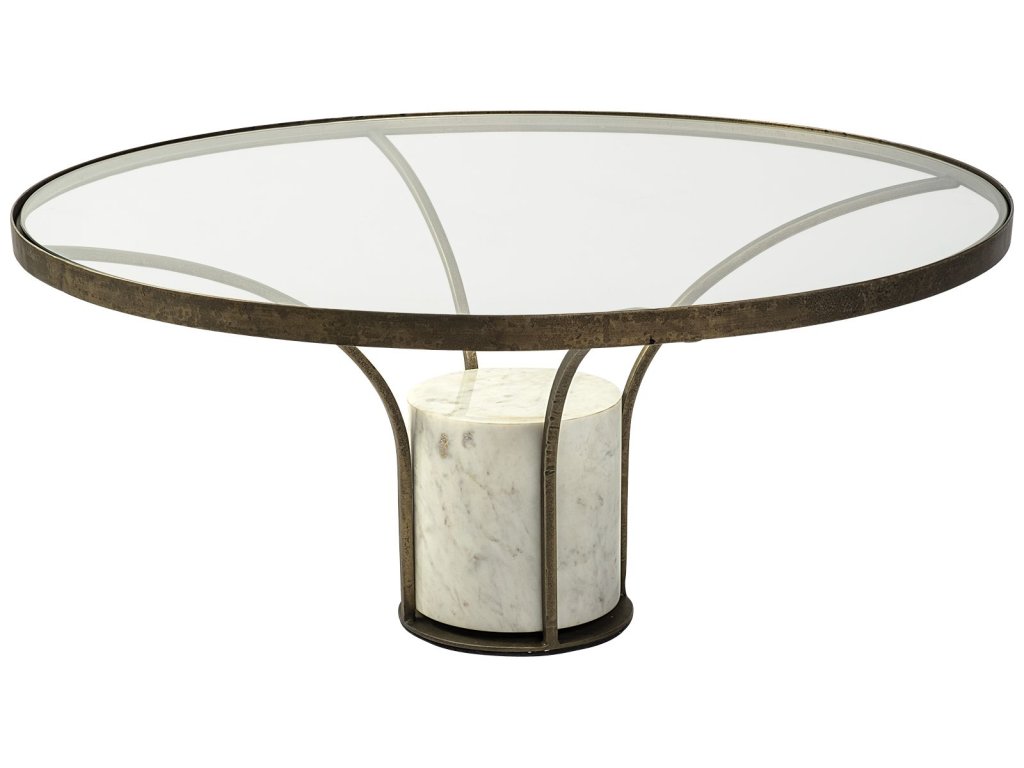 36" Round Glass Top Metal and Marble Pedestal Coffee Table