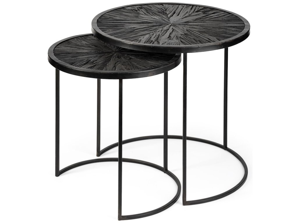 19.7" Set of 2 Round Dark Wood Top Black Frame Accent Tables
