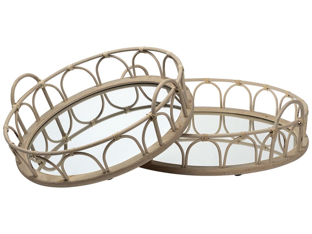 (Set of 2) Natural Wicker Woven Mirrored Base Nesting Trays