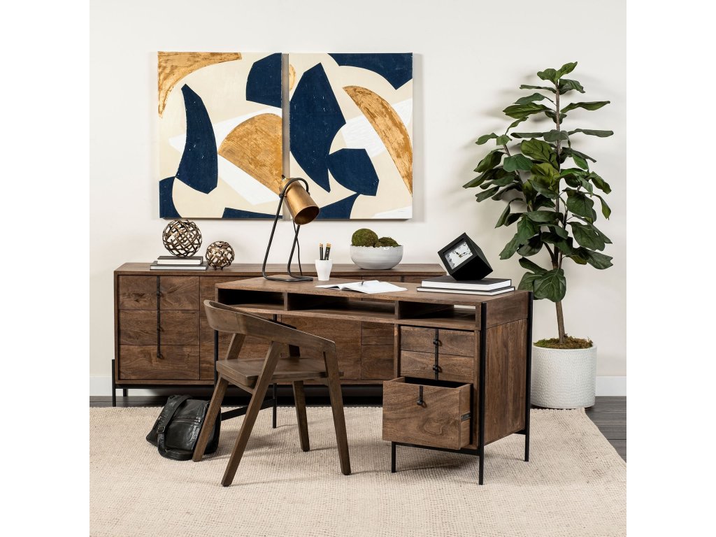 VII 56L x 22W Dark Brown Wood w/ Black Iron Frame, 3 Drawer Office Desk