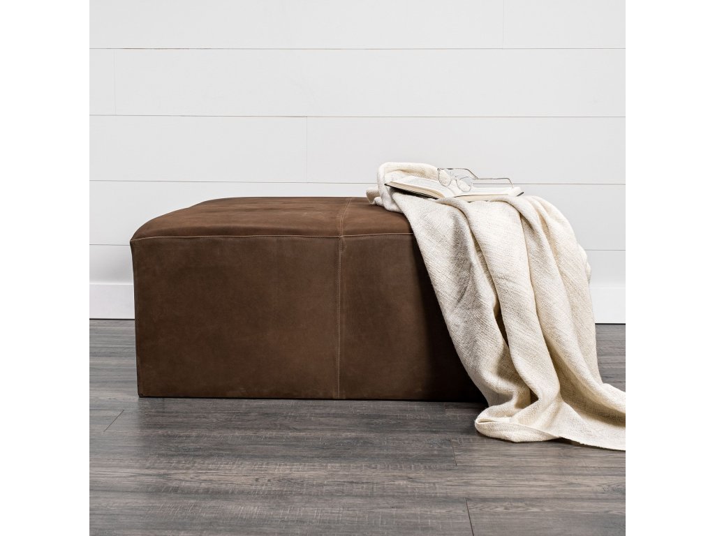 36" Square Brown Leather Wrapped w/Wood Base Ottoman