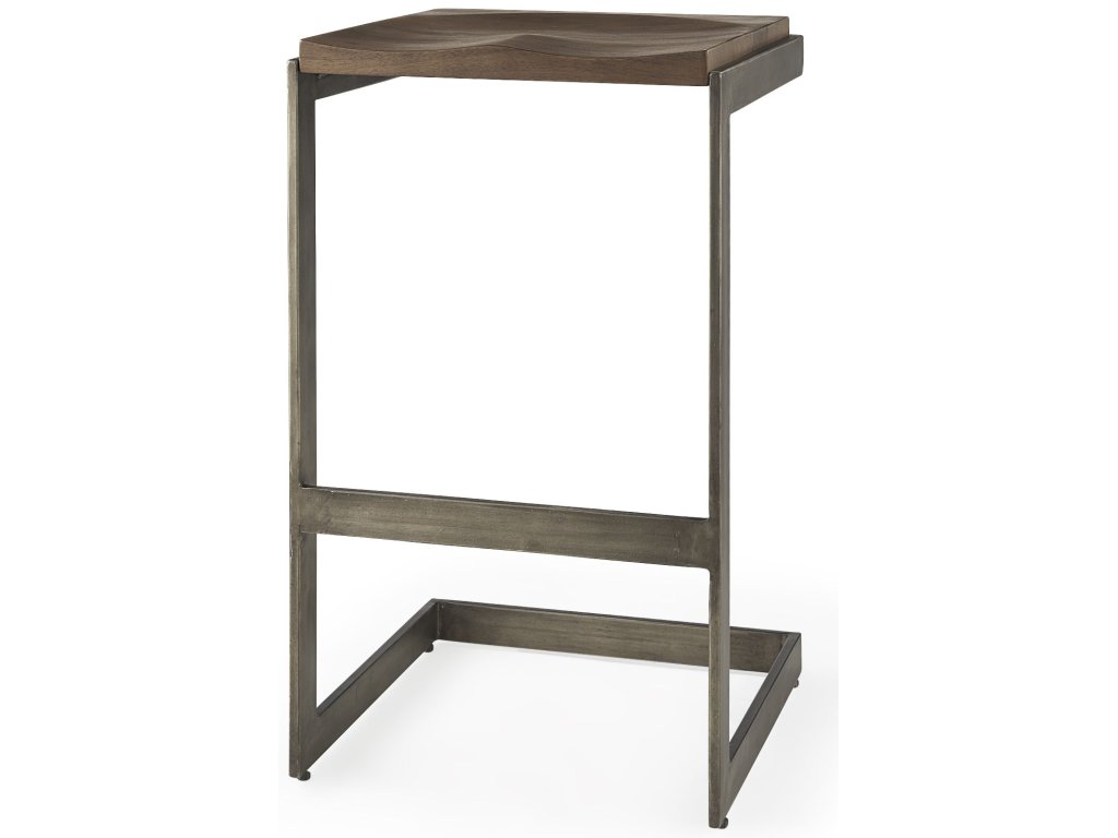 17L x 17W x 30H Medium Brown Wood w/ Antique Nickel Finished Metal Frame Bar Stool