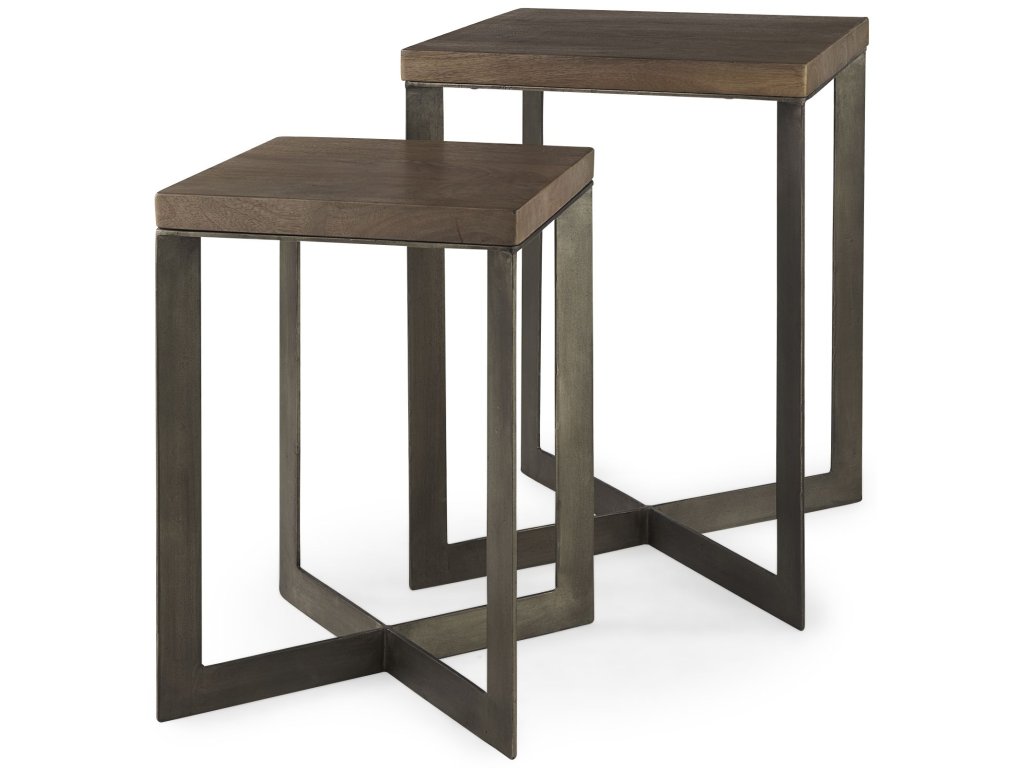 (Set of 2) 19L x 19W x 26H Medium Brown Wood w/Metal Base Accent Tables