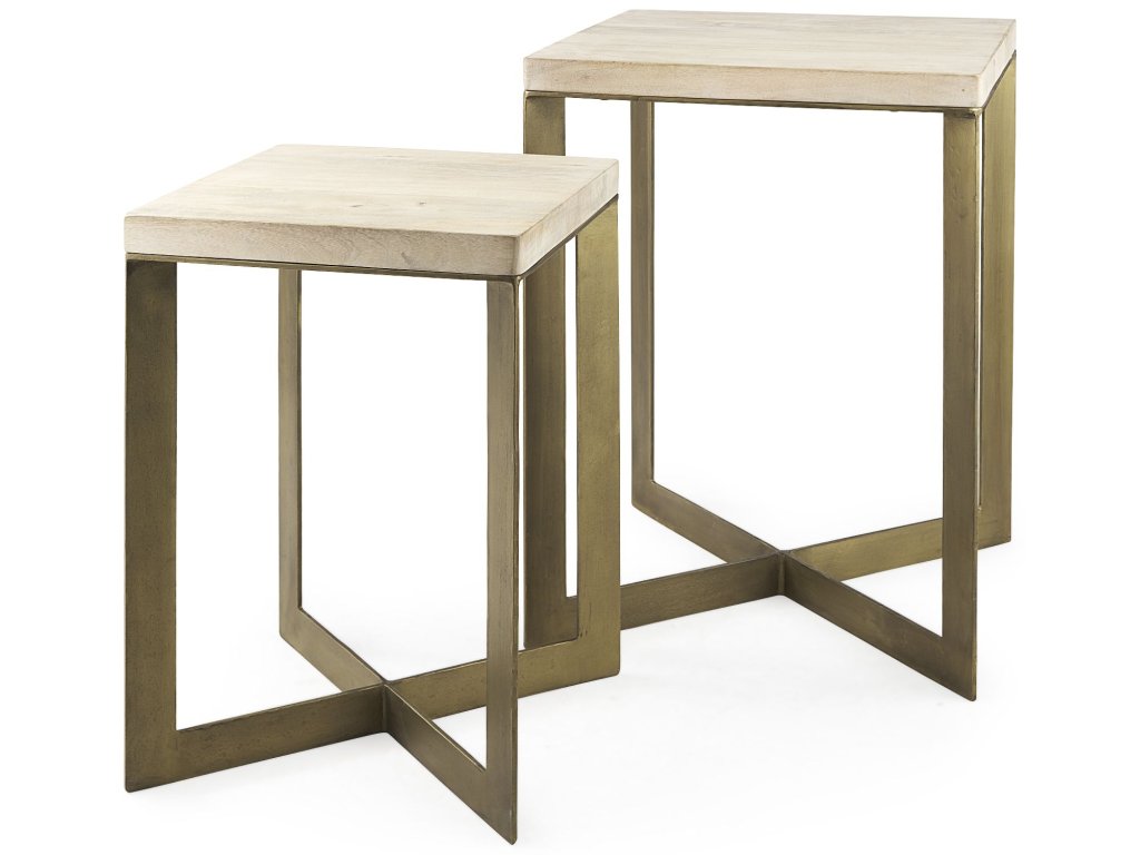 (Set of 2) 19L x 19W x 26H Beige Finished Wood w/ Gold Metal Base Accent Tables