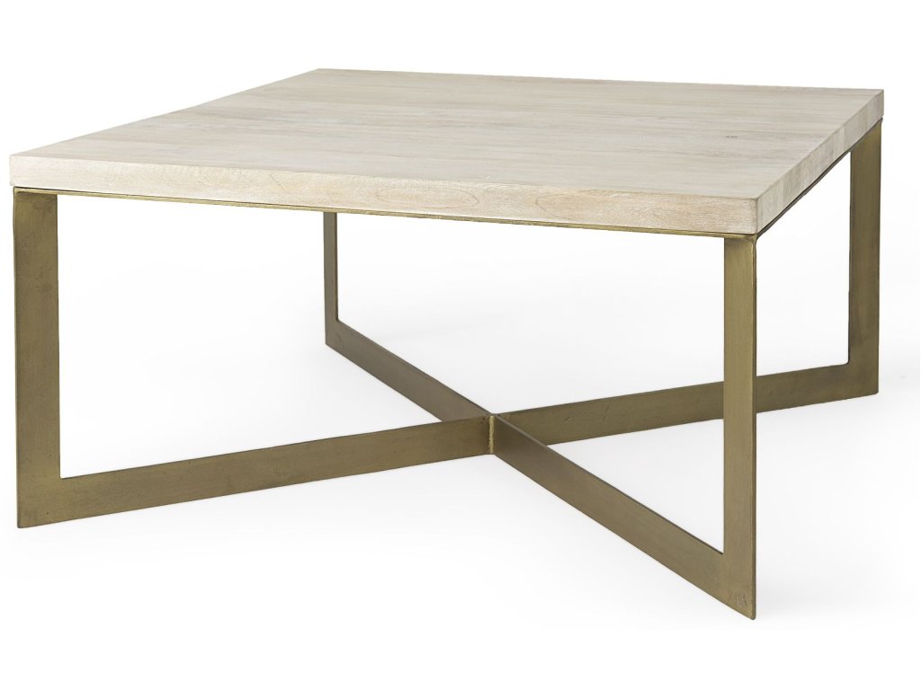 34L x 34W x 17H Beige Finished Wood w/Gold Metal Base Square Coffee Table