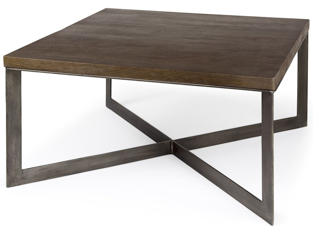34L x 34W x 17H Medium Brown Wood w/Antique Nickel Metal Base Square Coffee Table