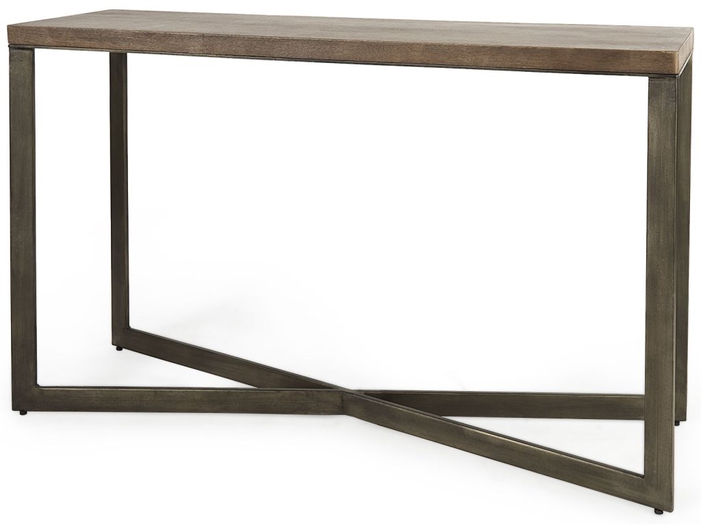 50L x 15W x 30H Medium Brown Wood w/Antique Nickel Metal Base Console Table