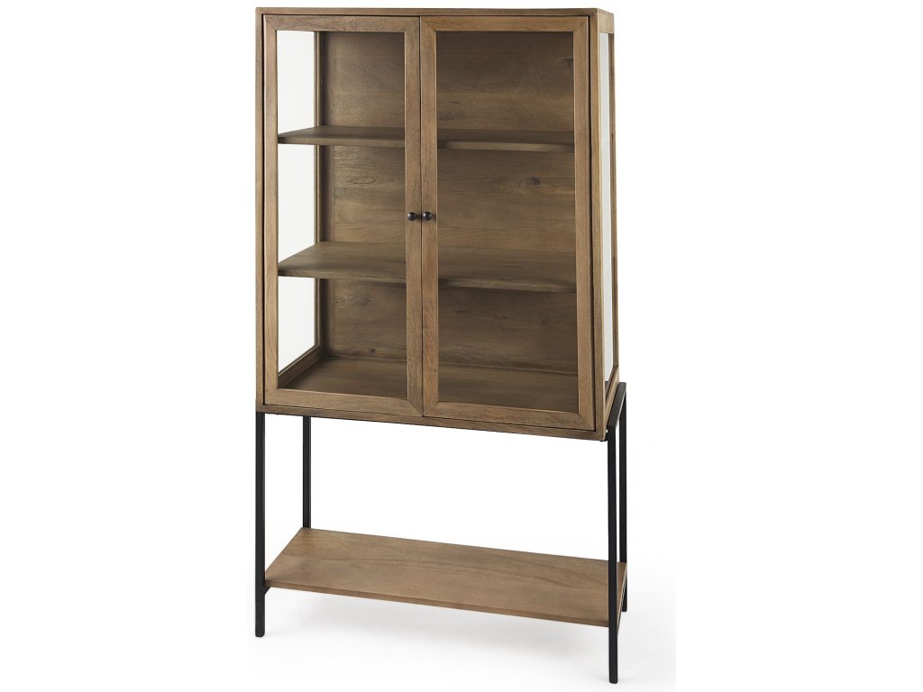 36L x 18W x 63H Light Brown Wood w/ Black Metal Base Display Cabinet