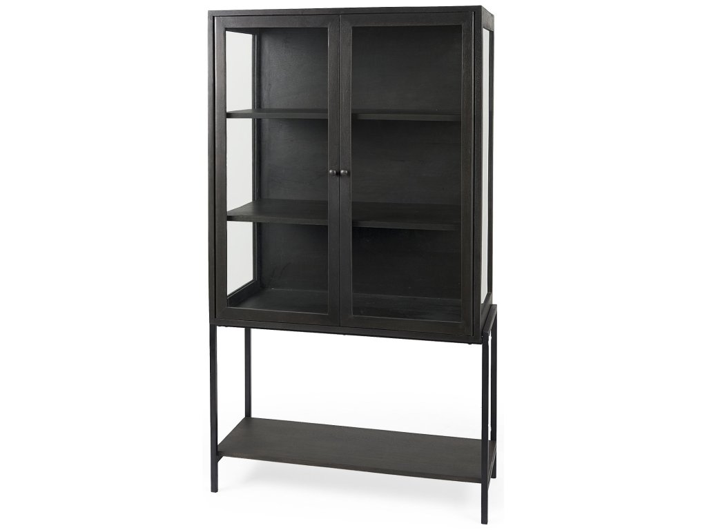36L x 18W x 63H Black-Brown Wood w/ Black Metal Base Display Cabinet