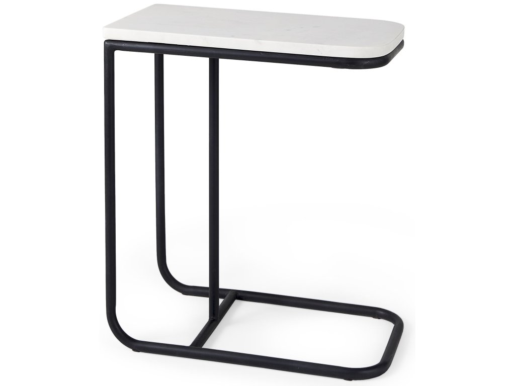 12.0L x 20.0W x 23.0H White Marble Top w/Black Iron Frame C-Shaped End and Side Table