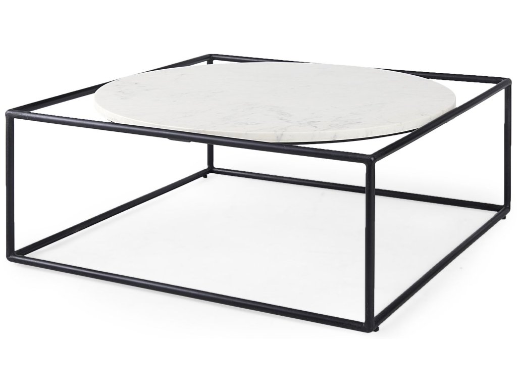 36L x 36W x 14.5H Round White Marble Top w/ Black Metal Frame Coffee Table