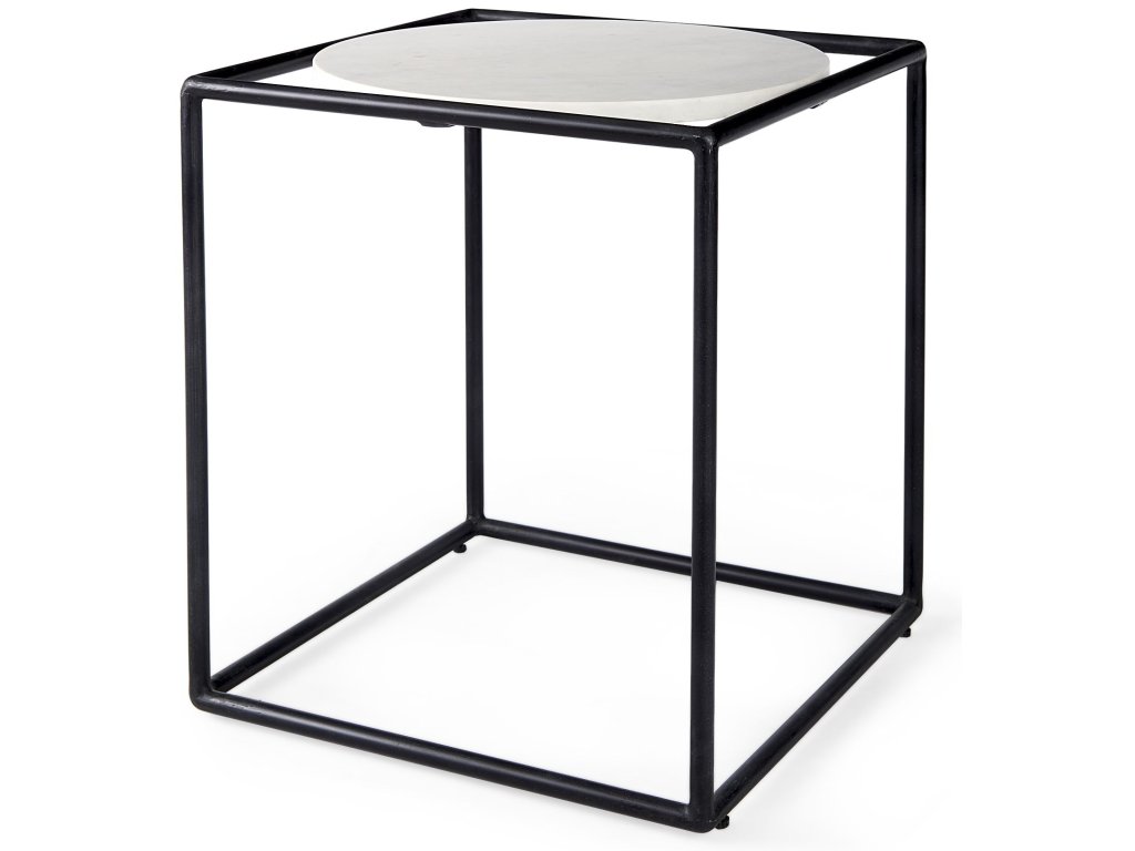 20L x 20W x 22H Round White Marble Top w/ Black Metal Frame Side Table