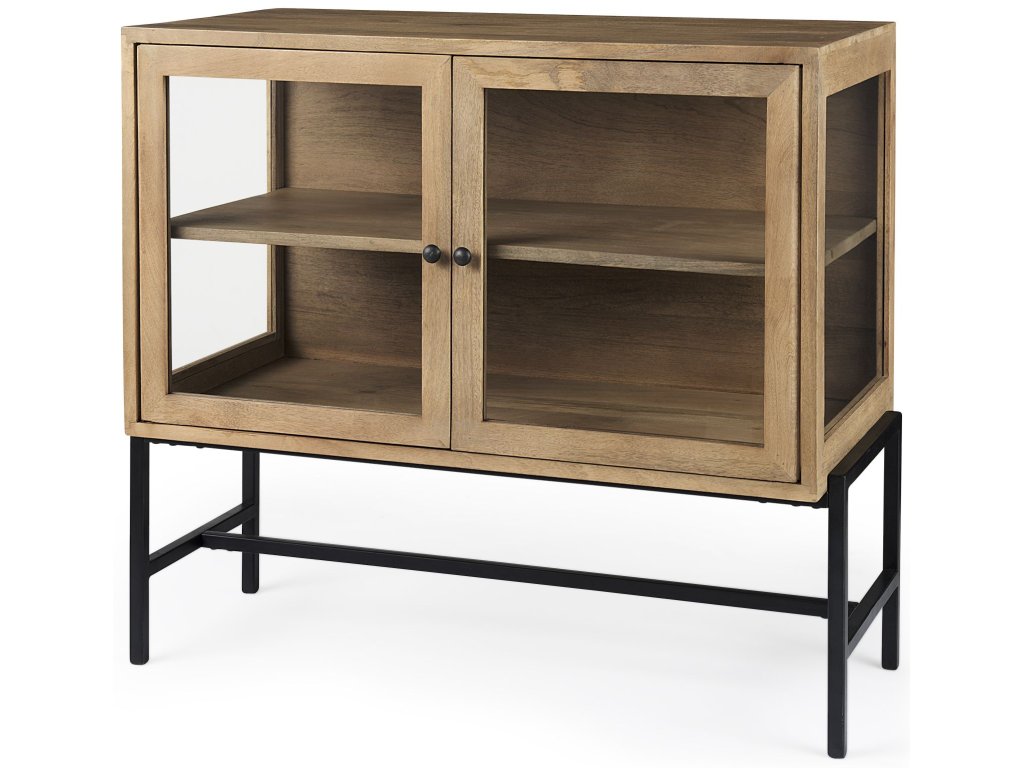 36L x 18W x 32H Light Brown Wood, Black Metal Base w/ 2 Glass Doors Accent Cabinet