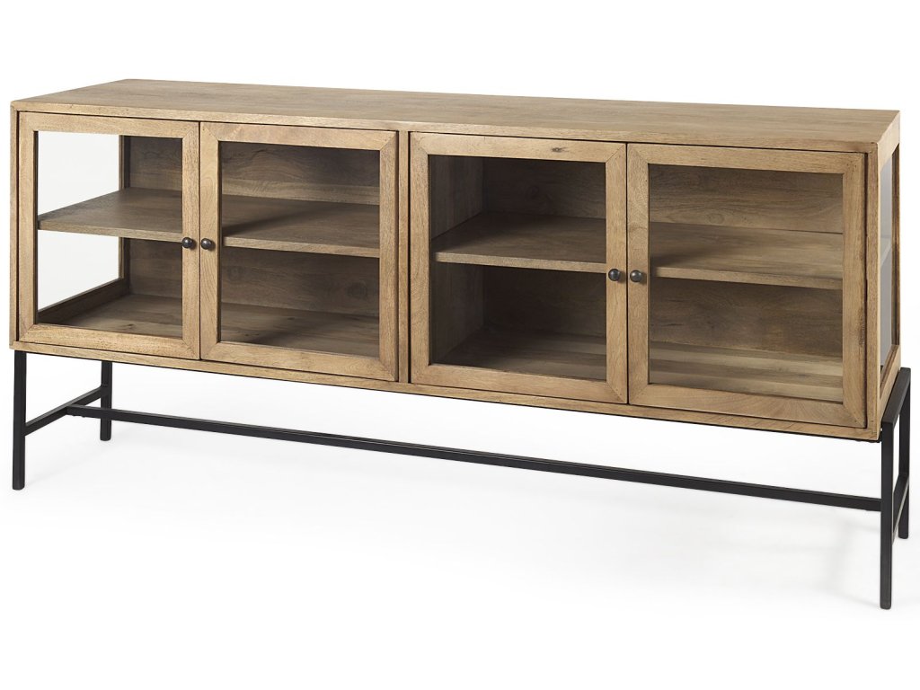 70L x 18W x 32H Light Brown Wood, Black Metal Base w/ 4 Glass Cabinet Doors Sideboard