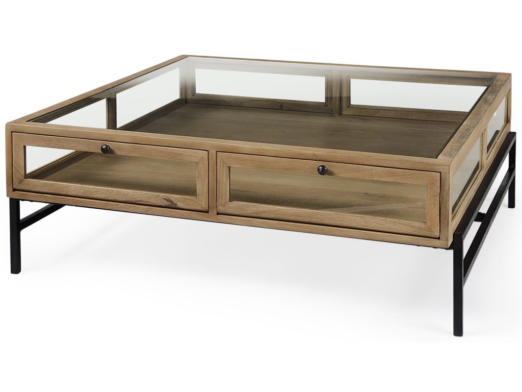 42" Square Glass-Top Light Brown w/ Black Metal Base Display Coffee Table