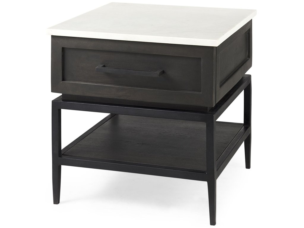 Black-Brown Wood w/ White Marble Top and Black Metal Base 1 Drawer Side Table