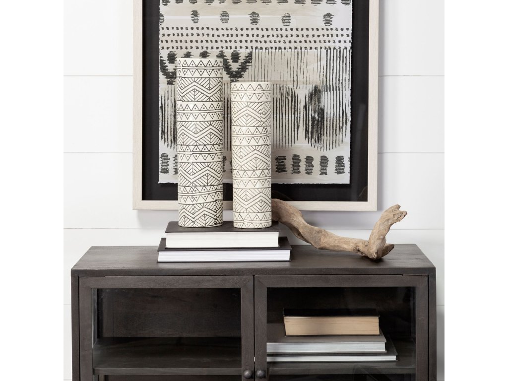 I Small Cream Black Patterned Cylindrical Vase