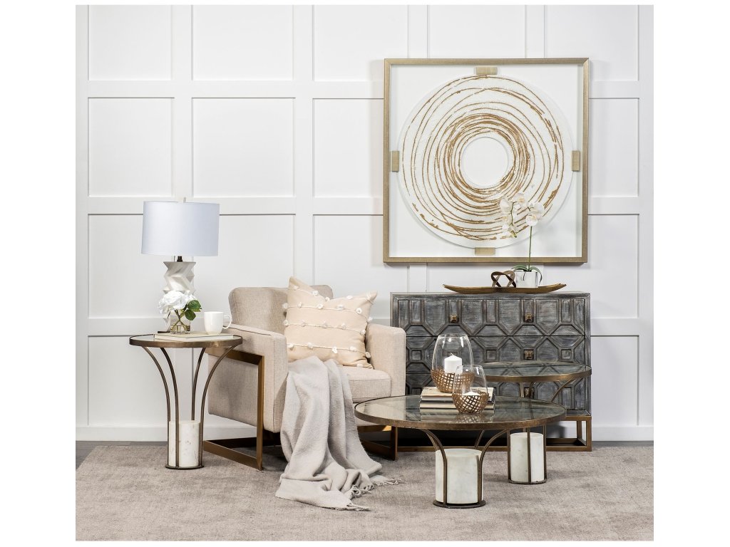 II 21" Round Glass Top Metal and Marble Pedestal End/Side Table