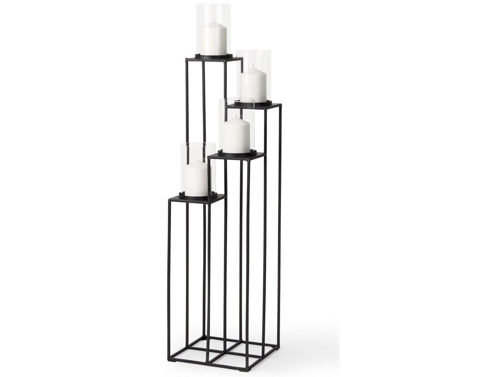 4-Tier, Matte Black Metal w/ Hurricane Glass, Pillar Candle Floor Lantern