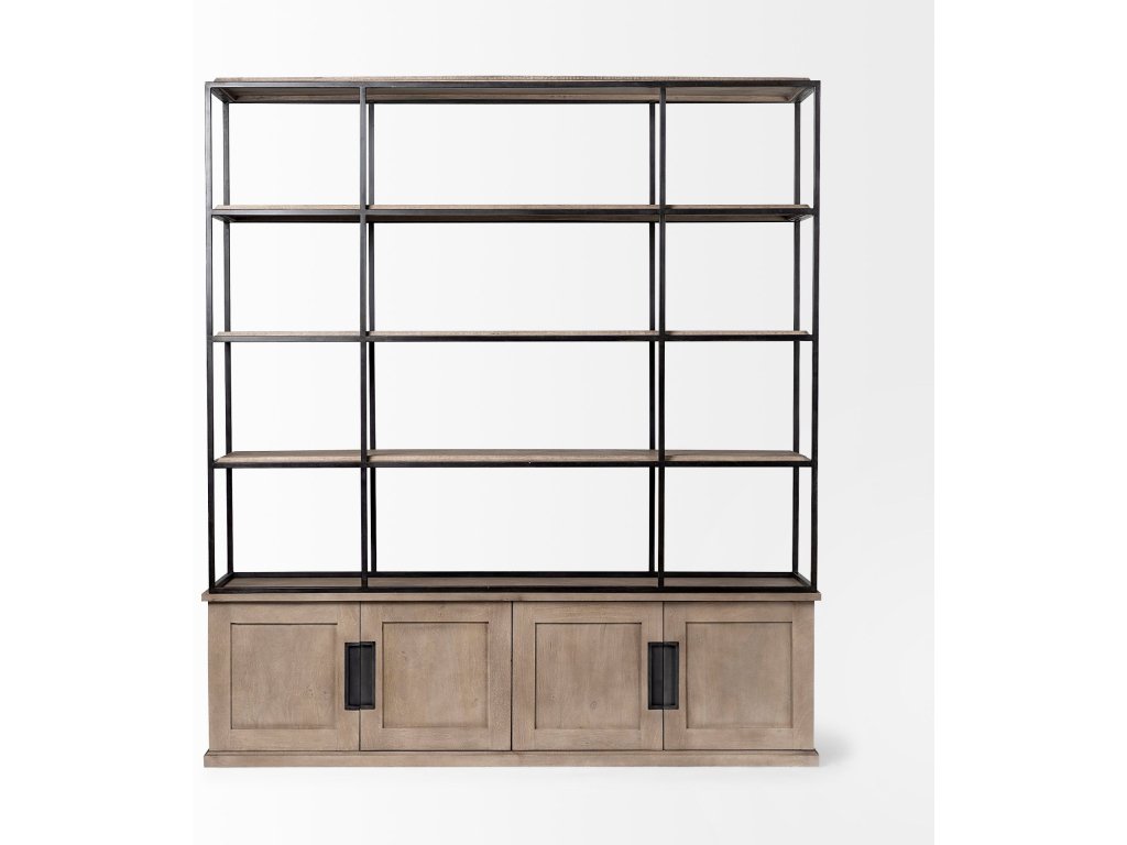 I Light Brown Wood and Iron Three Shelf Shelving Unit 81.5L x 18.5W x 90