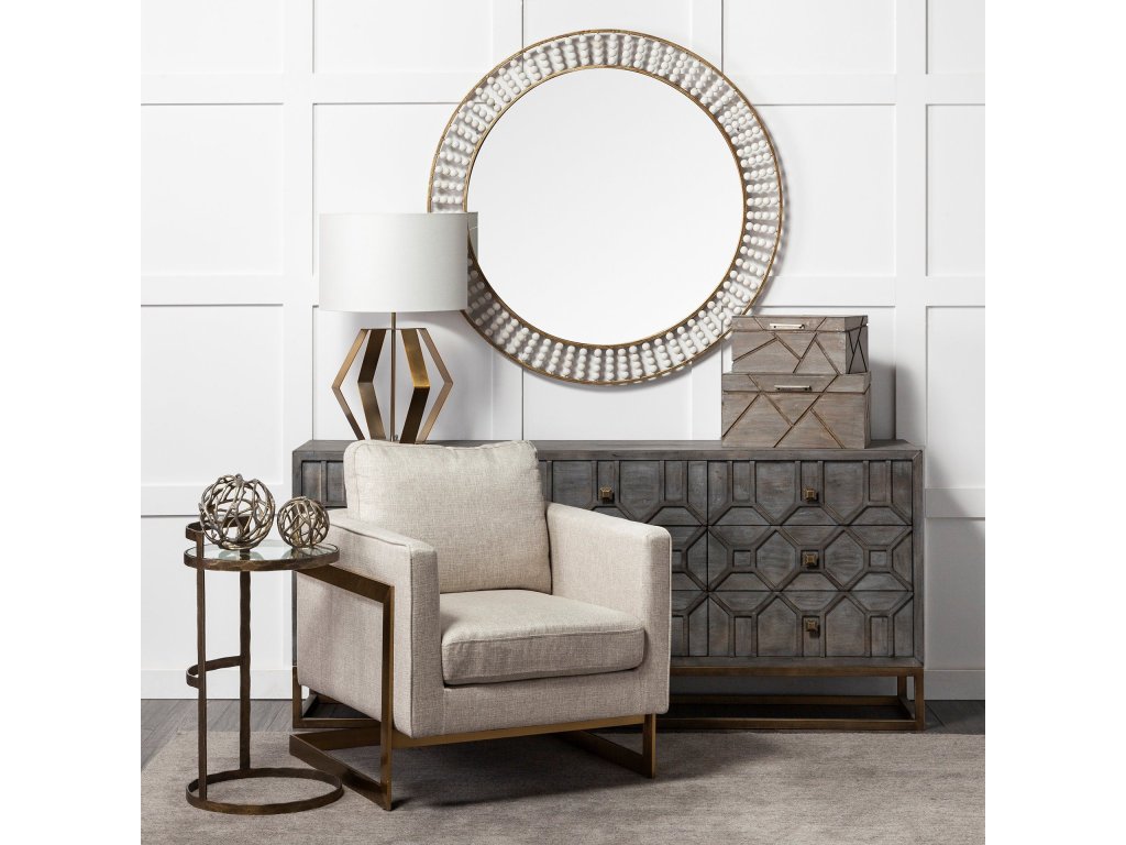 42" Round Gold Metal Frame Mirror w/White Wood Beads