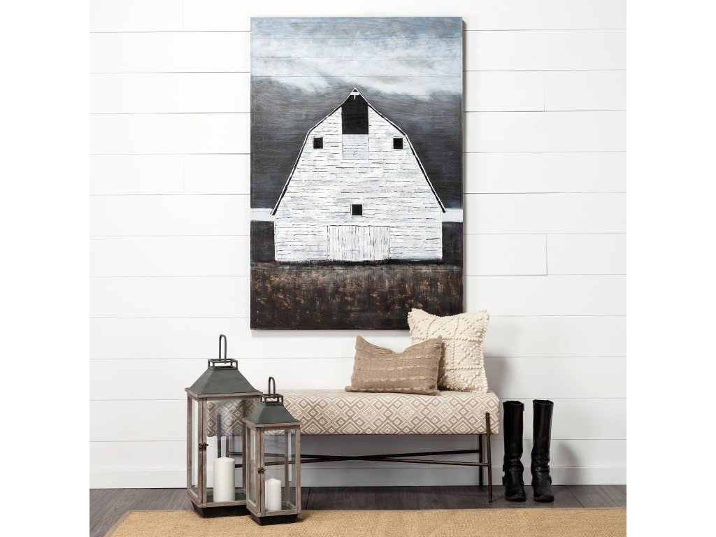 Creek 42X62 Farmhouse White Barn Original Hand Painted On Wood Oil Painting - Alternative View