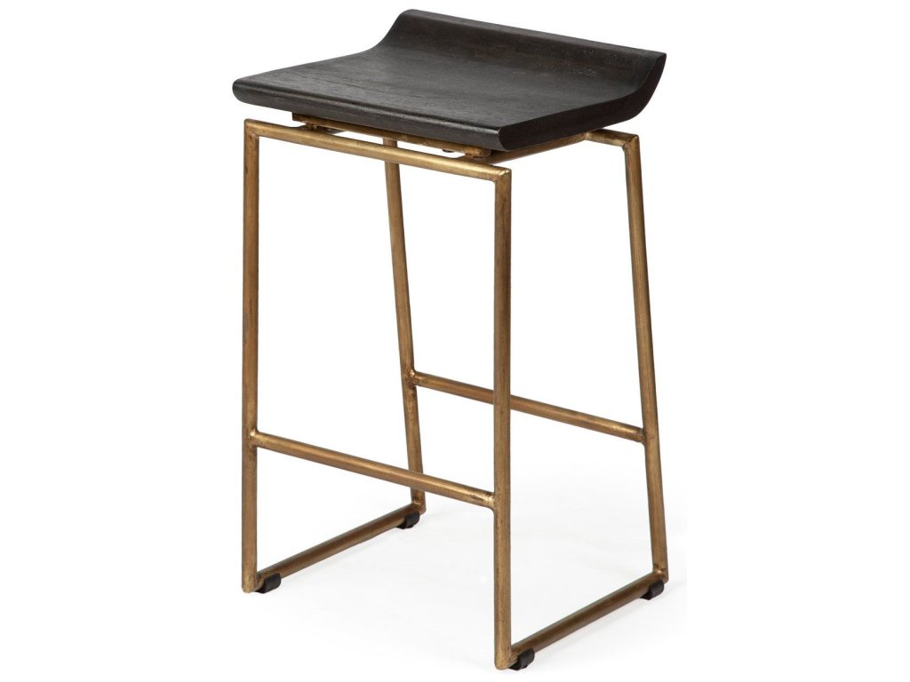 24.25" Seat Height Brown Wood Seat Gold Metal Frame Stool